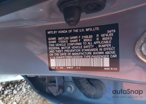 2019 Honda Civic Ex from USA, damaged, VIN SHHFK7H65KU223319